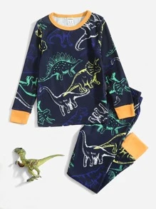 Toddler Boys Dinosaur Print Snug Fit PJ Set - Navy Blue - View 1