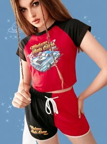 ROMWE Street Life 80s Color-block Car Print Raglan Sleeve Tee & Shorts - Multicolor - View 1