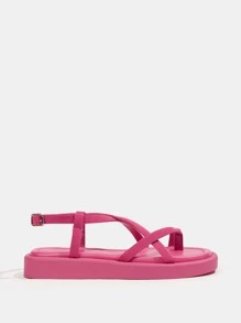 Women Buckle Decor Multi Cross Strap Toe Post Slingback Sandals, Funky Solid Outdoor Fabric Ankle Strap Thong Sandals - Hot Pink - View 4