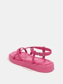 Women Buckle Decor Multi Cross Strap Toe Post Slingback Sandals, Funky Solid Outdoor Fabric Ankle Strap Thong Sandals - Hot Pink - View 5