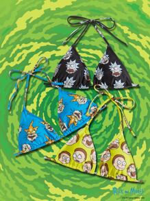 Rick and Morty | ROMWE 3 piezas Top bikini halter con estampado de dibujos animados triángulo - Multicolor - Ver 1