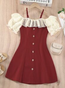 SHEIN 女孩挖肩圓點荷葉邊泡泡袖連衣裙