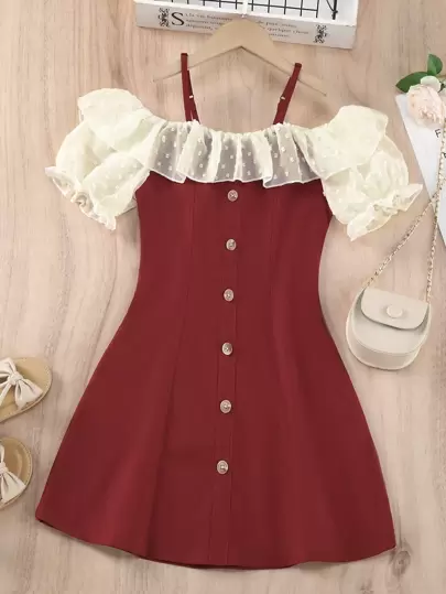 SHEIN Krås Framsida Knappar Färgblock Dressy Flickors Klänning