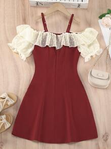 SHEIN 女孩挖肩圓點荷葉邊泡泡袖連衣裙