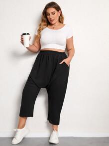 Pantalones harem unicolor con bolsillo oblicuo - Negro - Ver 3