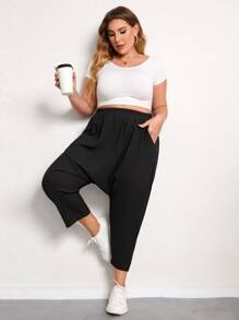 Pantalones harem unicolor con bolsillo oblicuo - Negro - Ver 1