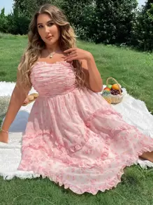 SHEIN Holidaya Plus Allover Floral Print Frill Trim Ruched Shirred Knot Shoulder Cami Dress - Baby Pink - View 1