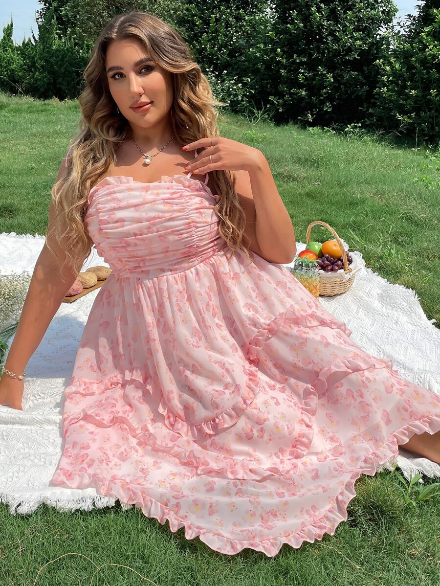 SHEIN Holidaya Plus Allover Floral Print Frill Trim Ruched Shirred Knot Shoulder Cami Dress - Baby Pink - View 1