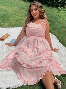 SHEIN Holidaya Plus Allover Floral Print Frill Trim Ruched Shirred Knot Shoulder Cami Dress - Baby Pink - View 4