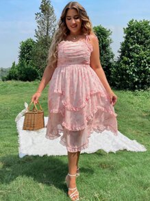 SHEIN Holidaya Plus Allover Floral Print Frill Trim Ruched Shirred Knot Shoulder Cami Dress - Baby Pink - View 6