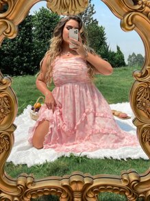 SHEIN Holidaya Plus Allover Floral Print Frill Trim Ruched Shirred Knot Shoulder Cami Dress - Baby Pink - View 7