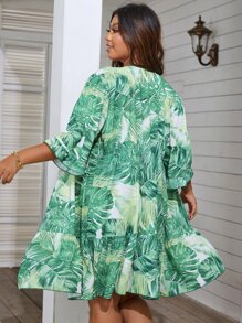 SHEIN Swim Curve Kimono con estampado tropical de manga con volante con nudo delantero bajo con fruncido - Verde - Ver 2