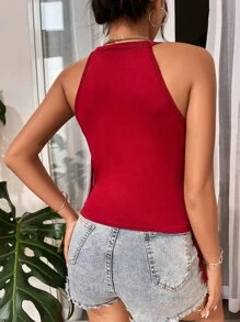 SHEIN VCAY Áo hai dây mép màu trơn Giải trí - Màu Đỏ Sâu - Xem 2