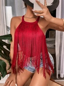 SHEIN VCAY Áo hai dây mép màu trơn Giải trí - Màu Đỏ Sâu - Xem 3