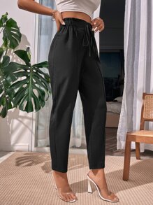 SHEIN LUNE Pantalones cónicos de cintura con volante recortado - Negro - Ver 3