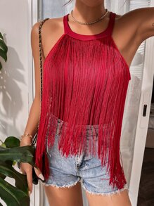 SHEIN VCAY Áo hai dây mép màu trơn Giải trí - Màu Đỏ Sâu - Xem 5