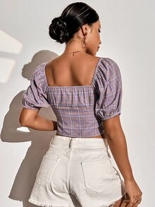 SHEIN Unity Plaid Cut Out Ruched Sweetheart Neck Blouse - Multicolor - View 2