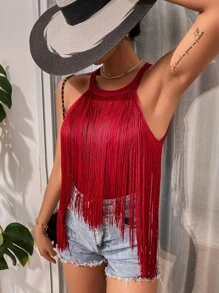 SHEIN VCAY Áo hai dây mép màu trơn Giải trí - Màu Đỏ Sâu - Xem 6