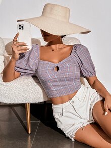 SHEIN Unity Plaid Cut Out Ruched Sweetheart Neck Blouse - Multicolor - View 3