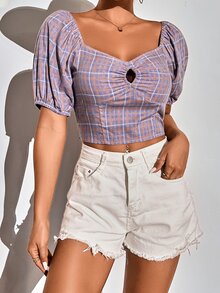 SHEIN Unity Plaid Cut Out Ruched Sweetheart Neck Blouse - Multicolor - View 6