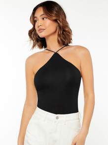 SHEIN BASICS Solid Slim Fit Cami Top, Going Out Top/Summer - Black - View 4