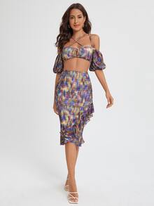 Caramel Lolly Bộ đồ hai mảnh nữ Hội Chữ thập Cắt ra Ren lên Xù Trọn gói Thùa khuyết Tất cả trên in Gợi cảm - Nhiều màu - Xem 2