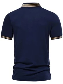 Manfinity Men Striped Trim Logo Print Polo Shirt - Navy Blue - View 2