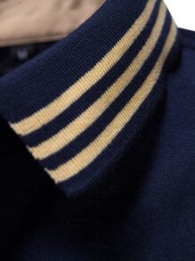 Manfinity Men Striped Trim Logo Print Polo Shirt - Navy Blue - View 5