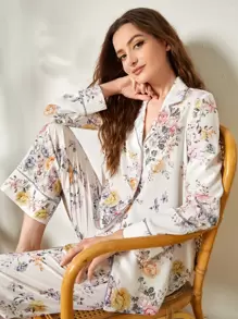 SHEIN Unity Floral Print Piping Trim PJ Set - Multicolor - View 1
