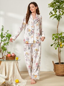 SHEIN Unity Floral Print Piping Trim PJ Set - Multicolor - View 3