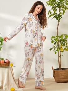 SHEIN Unity Floral Print Piping Trim PJ Set - Multicolor - View 4