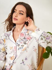 SHEIN Unity Floral Print Piping Trim PJ Set - Multicolor - View 5