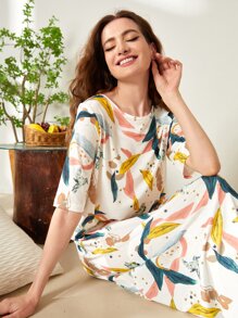 SHEIN Unity Bird & Leaf Print Night Dress - Multicolor - View 5