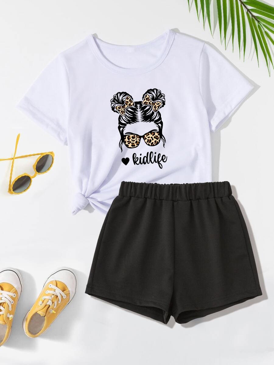 SHEIN Girls Letter & Figure Graphic Tee & Shorts - Black and White - View 1