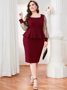 Modelyn Burgundy Red Plus Mesh Insert Lantern Sleeve Peplum Top & Split Back Skirt - Burgundy - View 1