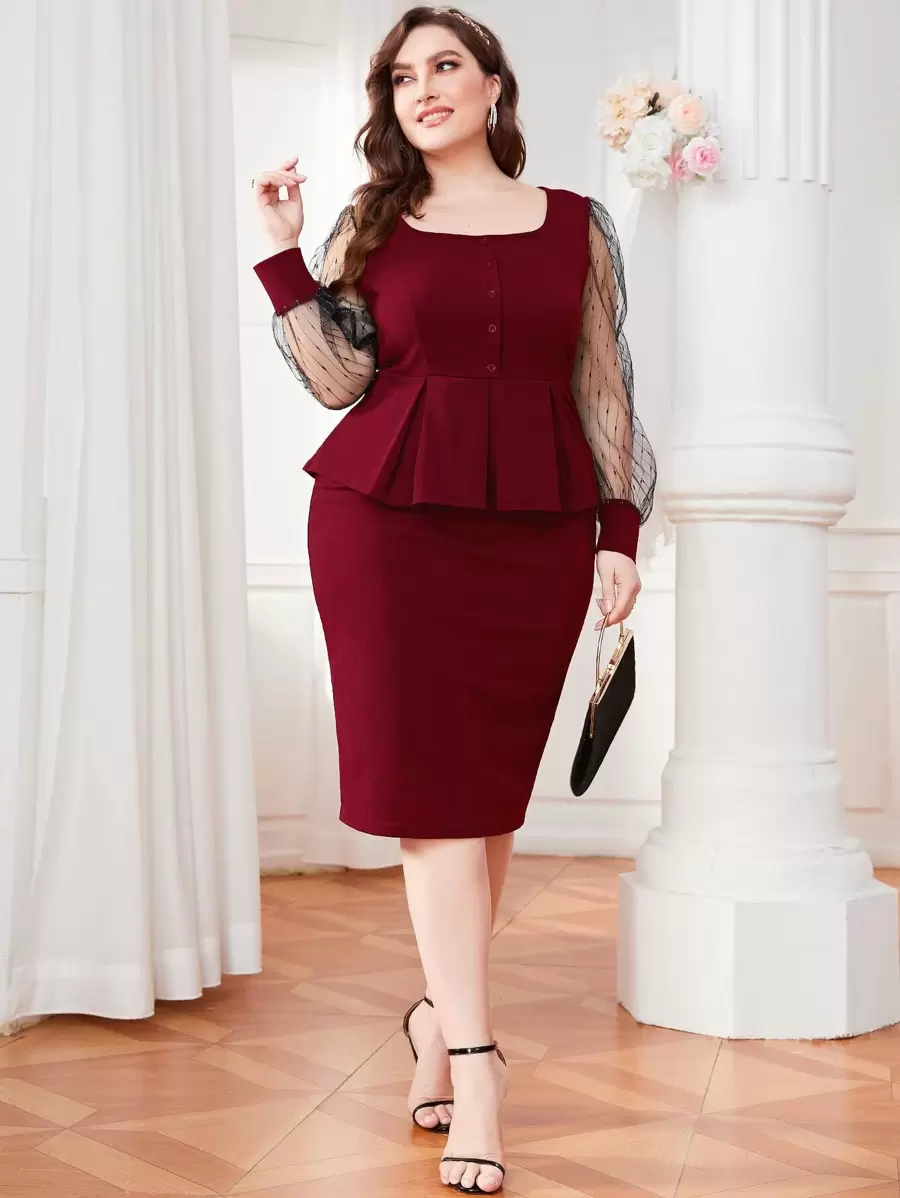 Modelyn Burgundy Red Plus Mesh Insert Lantern Sleeve Peplum Top & Split Back Skirt - Burgundy - View 1