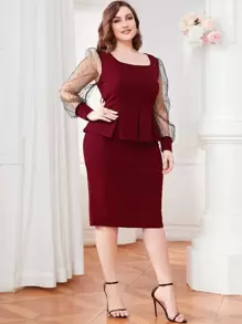 Modelyn Burgundy Red Plus Mesh Insert Lantern Sleeve Peplum Top & Split Back Skirt - Burgundy - View 4