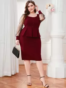 Modelyn Burgundy Red Plus Mesh Insert Lantern Sleeve Peplum Top & Split Back Skirt - Burgundy - View 5
