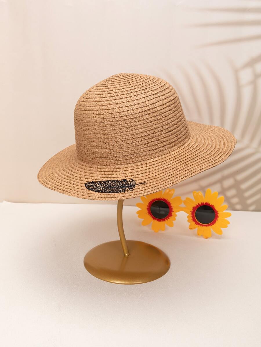 Girls Feather Embroidered Sun Hat - Khaki - View 1