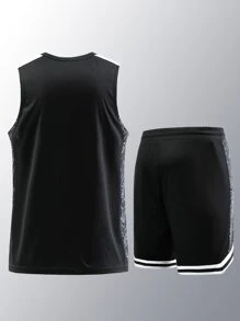 Men Paisley and Letter Graphic Tank Top & Drawstring Shorts - Black - View 2