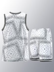 Men Letter & Paisley Scarf Print Drawstring Waist Sports Set - Black and White - View 2