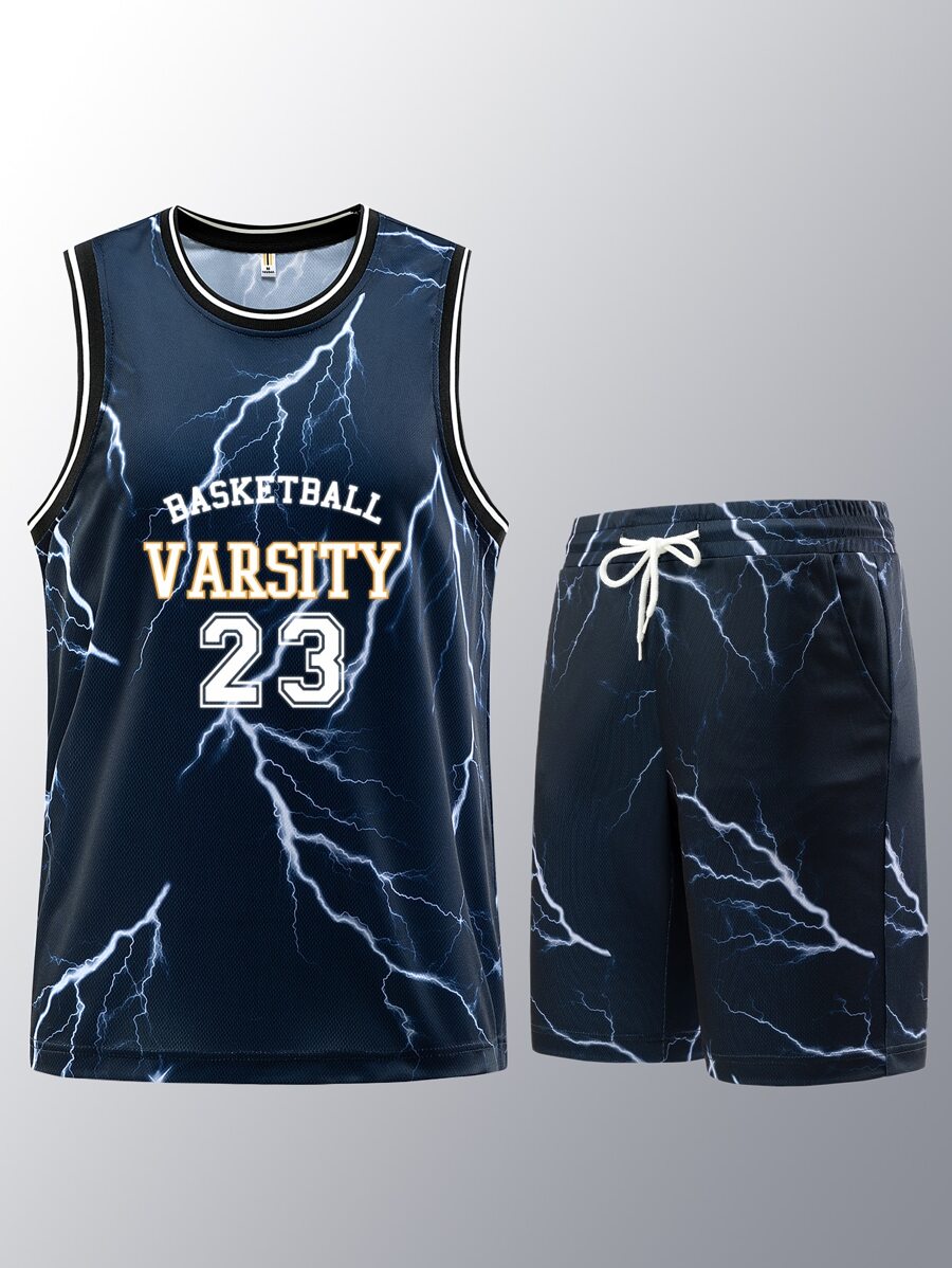 男士閃電和字母圖案腰部抽繩運動套裝