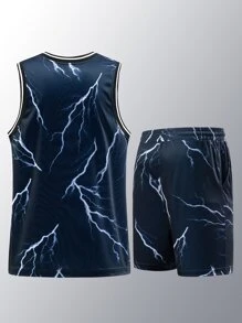 男士閃電和字母圖案腰部抽繩運動套裝