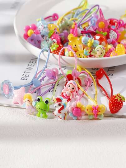 20pcs Mixed Style Floral, Butterfly & Animal Cartoon Design Resin Hair Scrunchies For Girls