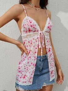 SHEIN Unity Floral Print Contrast Lace Knot Front Cami Top - Multicolor - View 3