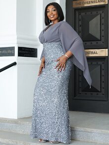 seomiscky Plus Overlap Collar Cloak Sleeve Slit Back Contrast Sequin Formal Dress - Grey - View 3