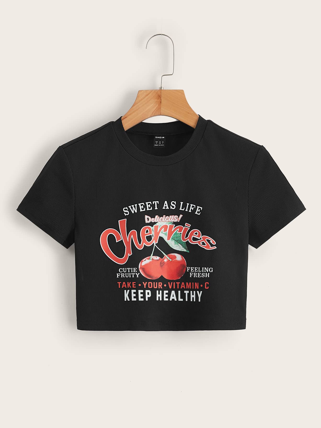SHEIN Qutie Slogan & Cherry Graphic Crop T-Shirt - Black - View 1