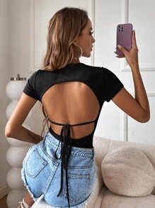 Firerie Rib-knit Tie Back Bodysuit - Black - View 1