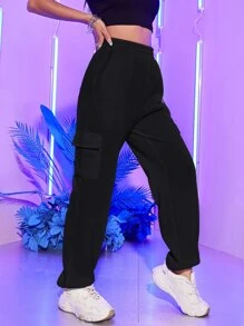 SHEIN EZwear Flap Pocket Side Solid Joggers - Black - View 1