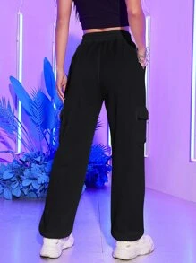 SHEIN EZwear Flap Pocket Side Solid Joggers - Black - View 2